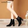 SOPHITINA winter warm ankle boots woman black genuine leather pointed toe high square heel zipper short boots shoe PO904 210513