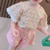 子供のセット夏の半袖プリントトップ+ソリッドカラーショーツ2ピースファッションガール服210515