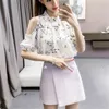 Kimutomo av axel blommig chiffong blus kvinnor står krage halv ärmskjorta sommar korea chic topp outwear mode 210521