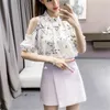 Kimutomo Off Floor Floral Chiffon Blouse Женщины стойки Воротник Воротник Полукайв Рубашка Летняя Корея Шикана Верхняя Верхняя одежда Мода 210521