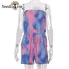 Tie Dye Print Strapless Drawstring Summer Rompers Women Playsuits Pocket Design Casual One Piece Overalls Jumpsuits Women's &