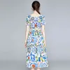 Runway Summer Blue and White Porcelain Print Flower Midi Dress Women's Sexy Slash Neck Kort ärm Elastisk midja Bohemian 210519