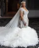 2022 Luxury Beaded Mermaid Wedding Dresses Princess Crystal Pearls Beading Corset V Neck Organza Ruffles Cathedral Train Bridal Dress Plus Size Custom Made