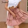 Ruffled Solid women a-line mini summer Elastic high waist bud skirts female Holiday fashion skirt lace up ladies 210414