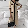 Korejpaa femmes robe été coréen lumière mature Style col rond contraste couleur bordure métal simple boutonnage Slim Vestidos 210526