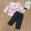 2-7Y Påsk Toddler Kid Girls Kläder Set Långärmad Ruffles Bunny Tops Denim Byxor Jeans Outfits 210515