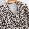 Zevity Women Vintage V Neck Animal Skin Print Pleats Mini Sukienka Femme Rękaw Puff Sierbite Dorywczo Chic Wzburzyć Vestido DS4677 210603