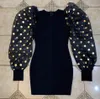 Female Sexy Designer Polka Dot Puff Sleeve Round Neck Black Bandage Dress Summer Elegant Bodycon Party 210525