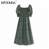 Snyggt blommigtryck Smocked Elastic Midi Dress Women Fashion Square Collar Half Sleeve Kvinna Klänningar Vestidos 210420