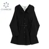 Höst franska lilla svarta klänningar kvinnor mode korea stil v nacke långärmad smal midja en linje klänning kvinnor med bälte 210515