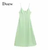 Solid Sexy Deep V Neck Party Long Dress Spaghetti Strap Backless Beach Summer Sleeveless Club Satin Sundresses Robe 210515