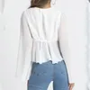 Foridol Flare Sleeve Vit Chiffon Blusströja Kvinnor Höst Vinter V Nacke Ruffle Pelpum Sheer Blouse Crop Tops Tie Front Top 210415