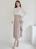 Spring Elegant Ol Corée Version Casual Work 2 pièces Set Lace Splice Blouse + MIDI RUFFLES A-LINE JUPT SUIT 210529