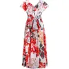 Moda Designer Dress Summer Damska Dress V-Neck Ruffles Lace Camellia Floral Print Lace-Up Dresses 210524