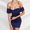 Été Femmes Bleu Hors Épaule Mini Robe Sexy À Manches Courtes Mode Célébrité Soirée Piste Party Club Robes 210423