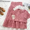 Kimutomo Casual Fashion Two Piece Set Sweet Girls Hollow Out Haft O-Neck Krótki Rękaw Top + High Waist Ruffles Solid Skirt 210521