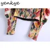 Vintage Multicolor Print Crop Top Women Back Elastic Sexy V Neck Puff Sleeve Sommar Sommar Toppar Mode Blusas 210430