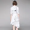 Summer Designer White Letter Print Shirt Women's Single-Brested Lace Up Slim Irregular Female Office Knee Lenght Dresses 210514