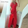 Wildy Boho Polka Dot Lång Klänningar Kvinnor Split Kortärmad Sommar Casual DR2021 StreetWear Svart Maxi DrVestidos X0529