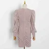 Patchwork Sequins Ruched Dress for Women V Neck Puff Sleeve Hög midja Sexiga Mini Klänningar Kvinna Sommar 210520