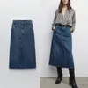 Za Wysoka talia Denim Midi Spódnica Kobiety Boczne Kieszenie Powrót Patch Kieszenie Vintage Wiosna Spódnice Kobieta Front Zip Casual Dress 210602