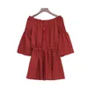 Röd svart solid playsuits kvinnor rompers spets upp flare ärm från axeln Sexig strand sommar 3/4 J0031 210514