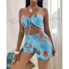 Sexy 3 peças Sets Bikini Strap Crop Top + Shorts + Cobertura Longa para Mulheres Verão Floral Imprimir Chiffon Banhing Feitir Swimsuit 210621