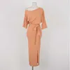 WOMENGAGA Korea Orange Summer Top's Long Maxi Party Dress Temperament Belt Split Short Sleeve Solid Slim Dresses KC8K 210603