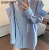 Elegant Women Two Pieces Set Blue Long Shirt Fashion Black Blazer Office Lady Suit Spring Autumn Outfits 2 210601