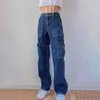 Jmprs hoge taille vrouwen jeans lente preppy stijl zakken baggy denim broek casual blauw patchwork pocket stromwear broek 210809