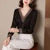 Long Sleeve Casual Shirts Plus Size Hollow Satin Silk Blouse Women V-neck Solid Loose Chiffon Shirt Tops 13709 210508