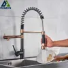 Rozin Black and Rose Golden Spring Pull Down Kitchen Faucet Bateria Water Crane Dotknij z Dual Spout Deck 210724