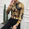 M-6XL Luxe Gold Print Casual Shirt Mannen Fashion Party Lange Mouw Slim Fit Tuxedo S Night Club Werk Sociaal 210626