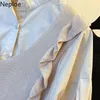 Neploe أنيقة الفطري محبوك خليط قميص الأزياء وهمية قطعتين البلوفرات الكورية الحلو الوقوف الياقة فضفاض المرأة بلوزة 1H712 210423