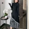 Wysokiej jakości Luksusowy Houndstooth Plised Plised Długą sukienkę Kobiety Upadek Winter Patchwork Chic Czarny Ciepły sweter ROBE FEMME 210514