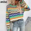 Apranden multi kleur geblokkeerde gebreide trui vrouwen zomer casual flare mouw holle trui coole meisjes mode jumper 211007