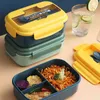 Student lunch box japoński styl przeciekający spożywczy pojemnik do przechowywania pszenicy słomy materiał śniadanie Bento Box z widelec łyżką 210818