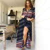 Lato Boho Beach Maxi Drdeep V-Neck Wakacje Moda Kwiatowy Drukuj Przycisk Trzy Czwarty Rękaw Kobiety Długie Suknie Sukienka X0621