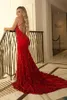 Sparkly Red Sequined Formal Evening Dresses Sexy Backless Front Slit Halter Mermaid Special Occasion Dresses Austria Woman Prom Party Gowns 2022