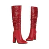 Genou bottes hautes femmes chaussures plissées talon extrême long bout pointu bloc talons mode dame hiver rouge 210517 GAI GAI GAI