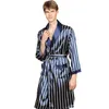 Plus Storlek 5xl Silk Robe Men Vår sommar Blå Sttriped Sleep Dressing Gown Male Långärmad Satin Kimono Badrock SleepWear 210901