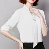 Blusas Mujer De Moda Ladies Top manica corta verde bianco camicetta camicia Plus Size fiocco Top solido per abbigliamento donna 4670 50 210415
