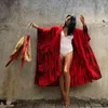 Kırmızı Çizgili Bikini Kapak-UPS Artı Boyutu Uzun Kimono Seksi Kuşaklı Yaz Wrap Elbise Kadınlar Plaj Kıyafeti Yüzme Suit Kapak A859 210420
