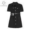 Gothique noir bouton chemise robes femmes Style Punk col rabattu à manches courtes Mini taille haute poches ceinture dame 210515