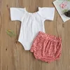 衣料品セット0~24ヶ月2個2ピース赤ちゃん女の子衣装夏の通気性ソリッドカラー半袖ボタンロンパー+カジュアルヒョウポイントショーツ