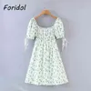 Foridol Puff Sleepe Daisy Print Vit Sommarklänning Kvinnor Vintage Beach Holiday Hoho Kort Lace Up Klänning Bomull A-Line Dress 210415