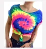 Rainbow Tie Dye T-shirt Dames Zomer Mode Korte Mouw Psychedelische Hippie Rave Top Knot Beach Tee Streetwear Femme