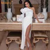 High-Quality Elegant Women Long Dress Sexy One-Shoulder Bubble Long-Sleeved Celebrity Evening Party High Slit With Clot 210527