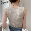 SyiwidiiニットTシャツ女性ノースリーブカジュアルタンクトップスVネックホワイト服サマーオフィスレディ韓国ファッションシャツ210417