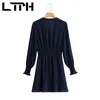 French vintage Solid High waist women dress Sexy V-Neck long sleeve Single Breasted elegant dresses Spring Autumn 210427